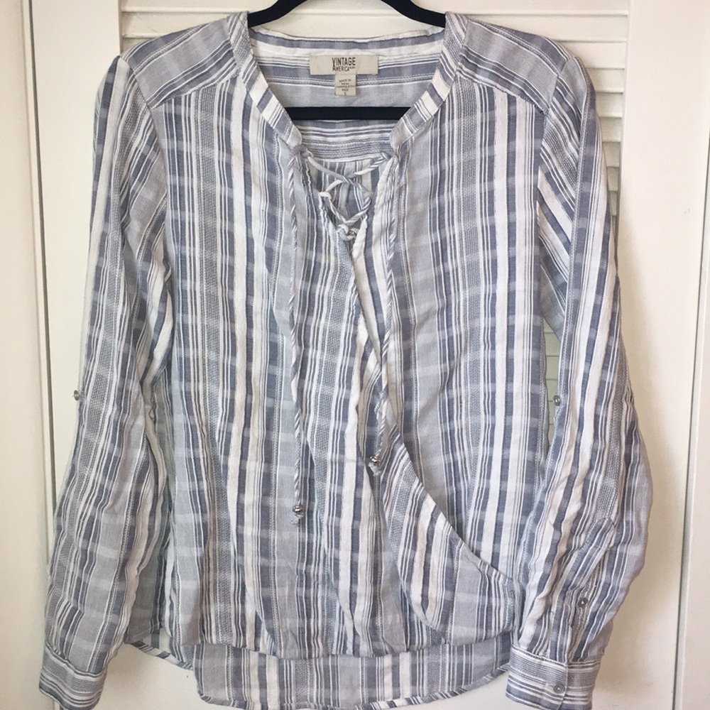 Blue and White Tie-Up Linen Blouse